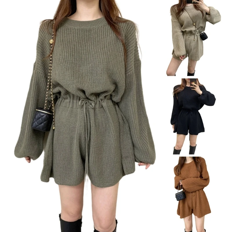 

Модный женский вязаный комбинезон с завязкой на талии, универсальные шорты с длинными рукавами