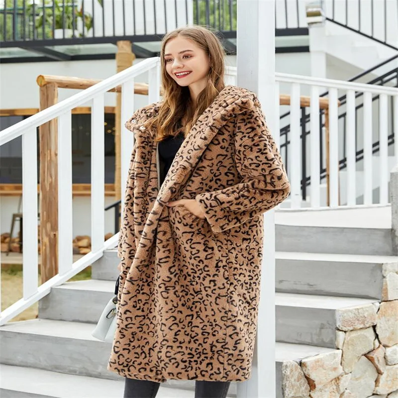 Autumn faux mink leather jacket womens Leopard hood long fur leather coat women slim jackets jaqueta de couro fashion