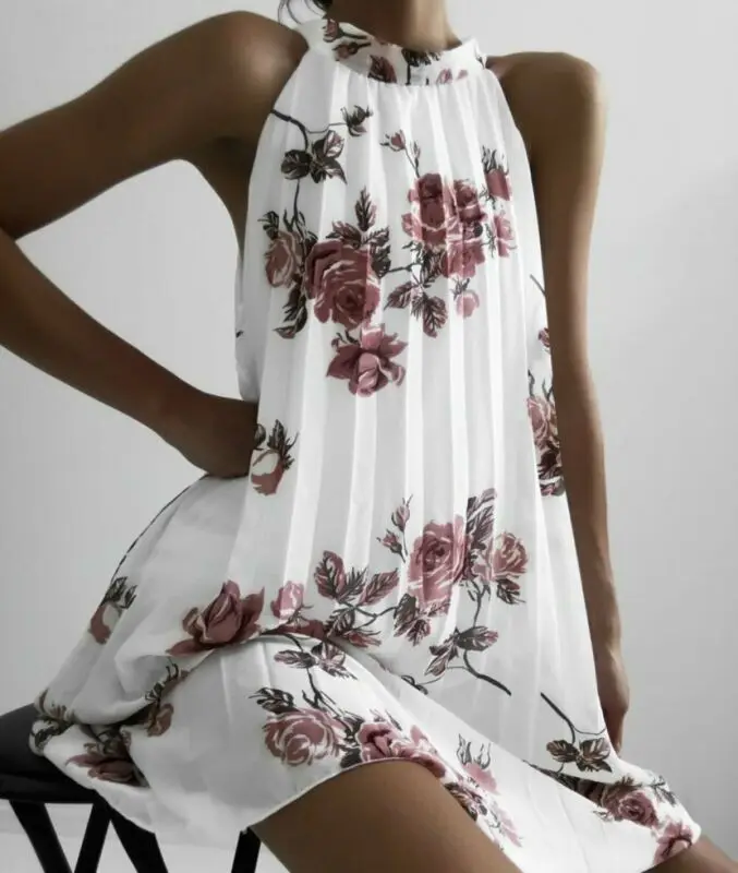 

Women Sleeveless Summer Boho Printed Beach Casual Loose Mini Shirt Beach Dress