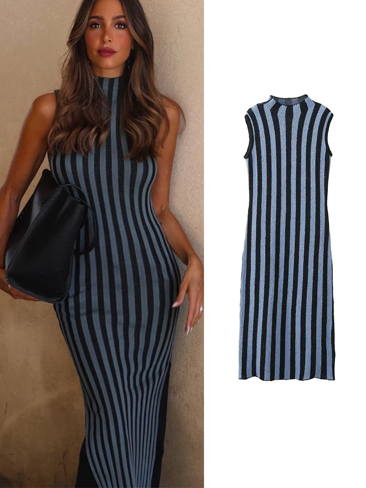 

Платье женское трикотажное в полоску, без рукавов, с круглым вырезом