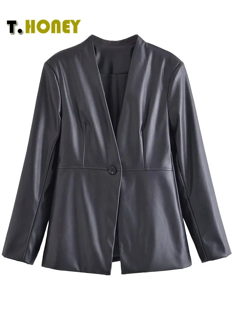 

TELLHONEY Women Fashion Black V-Neck One-Buttons Back Hem Pleats Faux Leather Blazer Female Casual Long Sleeves Slim Jacket Coat