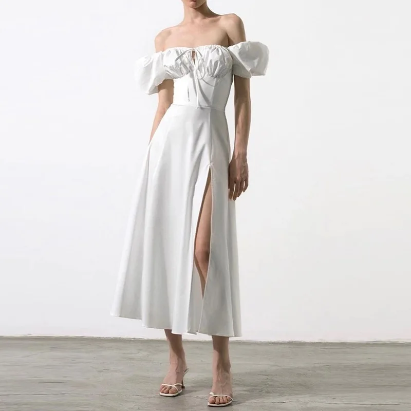 

HOUZHOU White Elegant Midi Dress Women Slit Skirt Off Shoulder Tunic Birthday Party Formal Occasion Dresses Casual Sundress