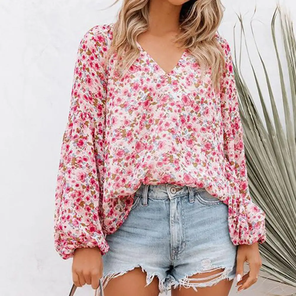 

Floral Print Lantern Long Sleeve V-neck Chiffon Blouse Loose Fit Breathable Autumn Top Sweet Anti-Pilling Pullover Blouse