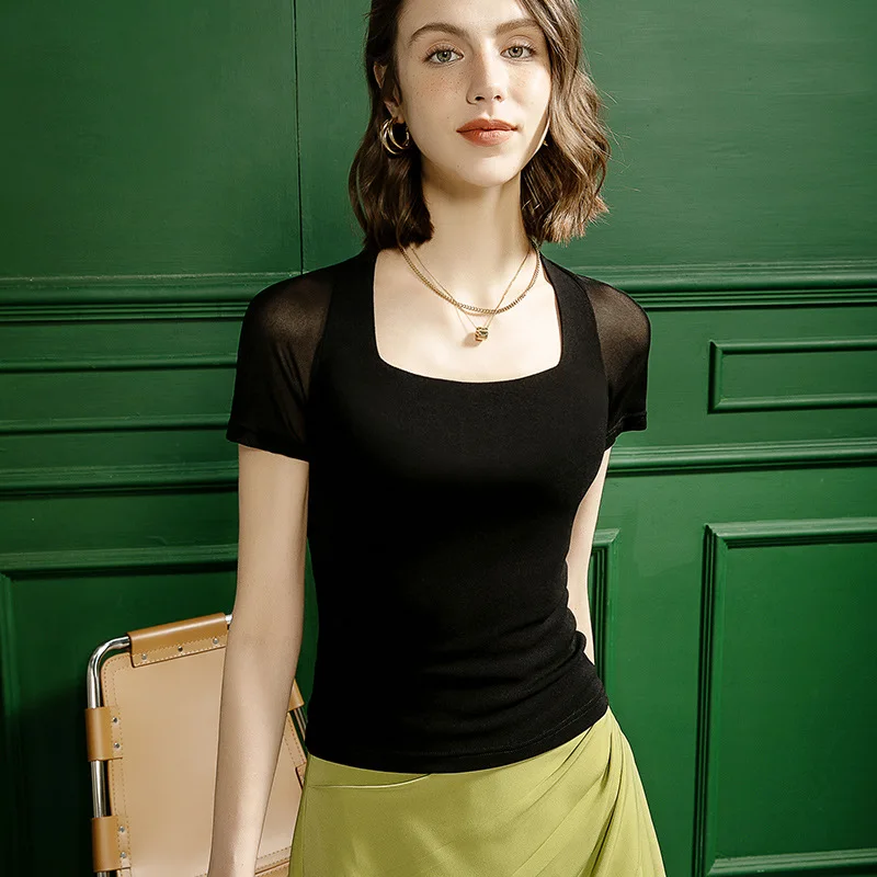 

High Quality 2023 Women Tops Splice Gauze Spring Summer Design T-shirt Female Clothing Sexy Crop Top Clothes Casual Blouse Y2k