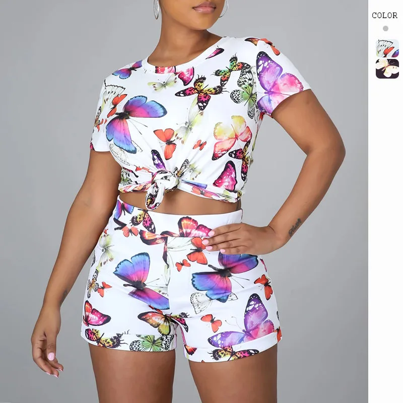 

2023 Spring and Summer New Casual Sports Butterfly Print Two-piece Suit Short-sleeved T-shirt Trousers Ensemble Femme 2 Pièces