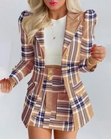 2022 new women elegant printed suit office lady spring new double breasted small jacket high waist short skirt two piece sets