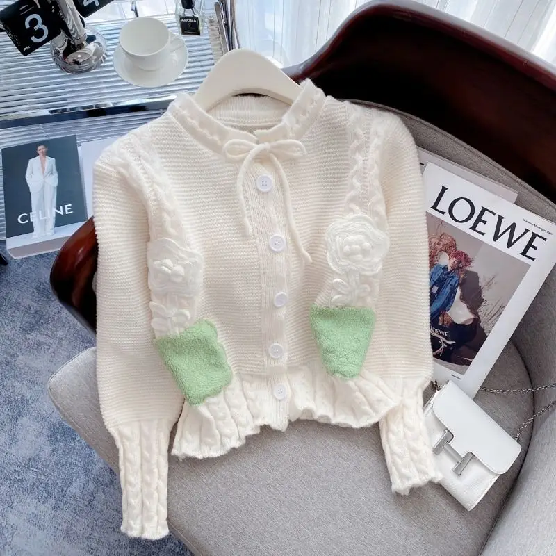 

WDMSNA Round Neck Sweater Jacket Womens Soft Long Sleeve Knitted Cardigan Single Breasted Flower Cardigan Mujer Crop Top Women