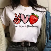 peace love strawberry fruit print women t shirt summer short sleeve o neck tshirt fashion lady shirt top clothes camisetas mujer