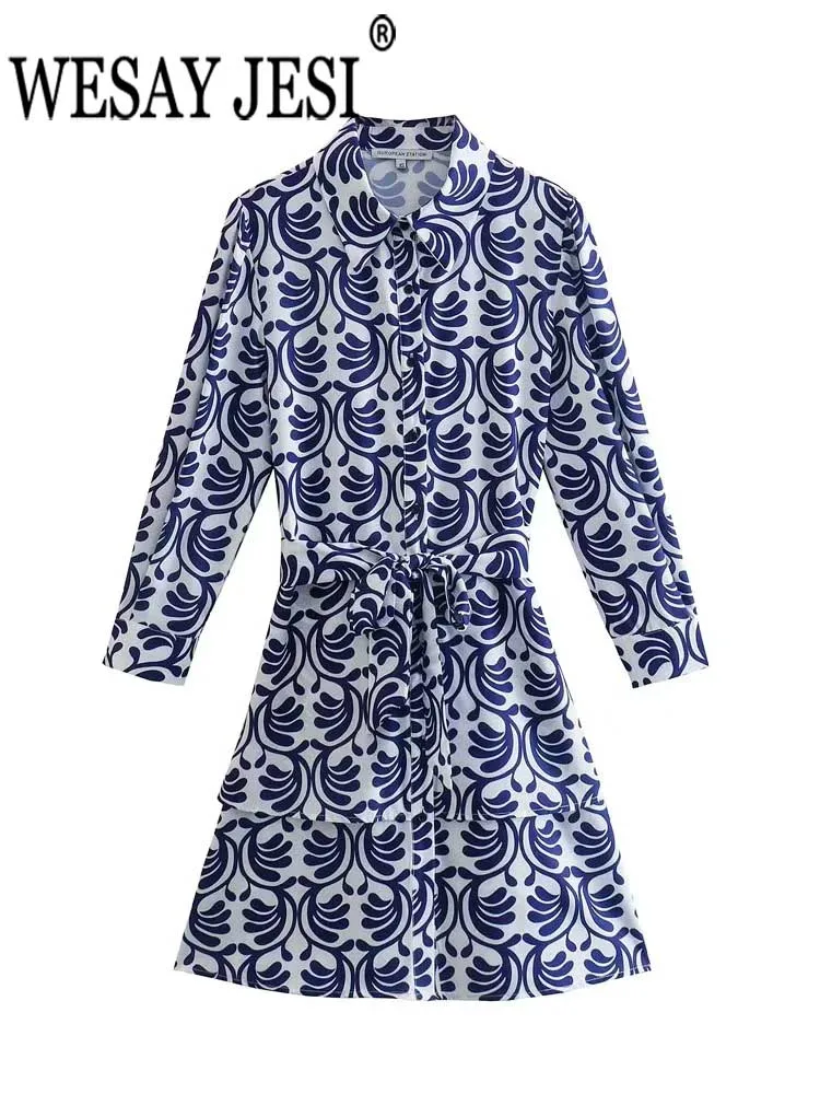 

WESAY JESI Women Shirt Dress Print Long Sleeve Lapel Single Breasted Belt Slim Fit Layered Hem Mini Dress Fashion Ladies Outfit