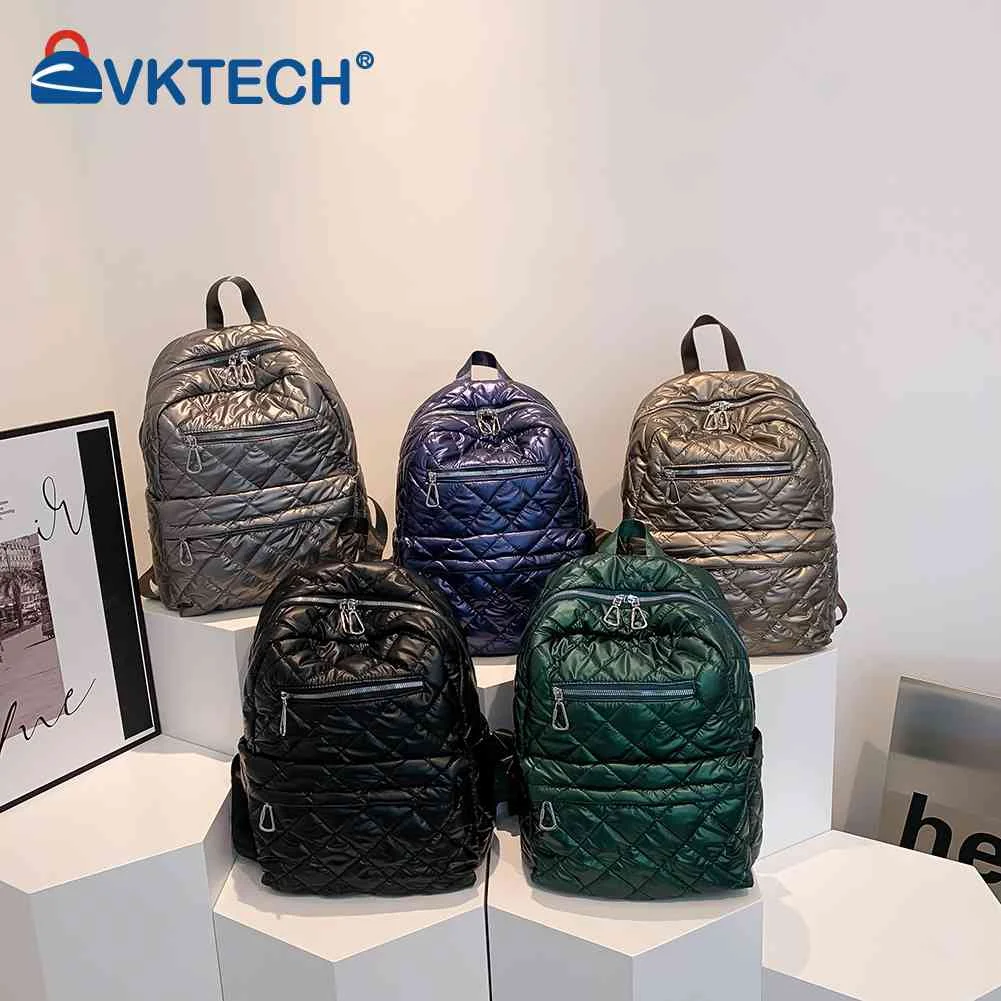 

Quilted Cotton-Padded Backpack Nylon Rhombic Lattice Ladies Knapsack Fashion Winter Casual Portable for Teenagers Students
