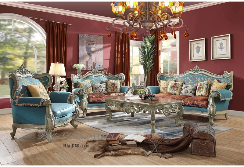

Custom Italian retro fashion peacock blue-green embroidered red contrast color mahogany solid wood leather cloth sofa