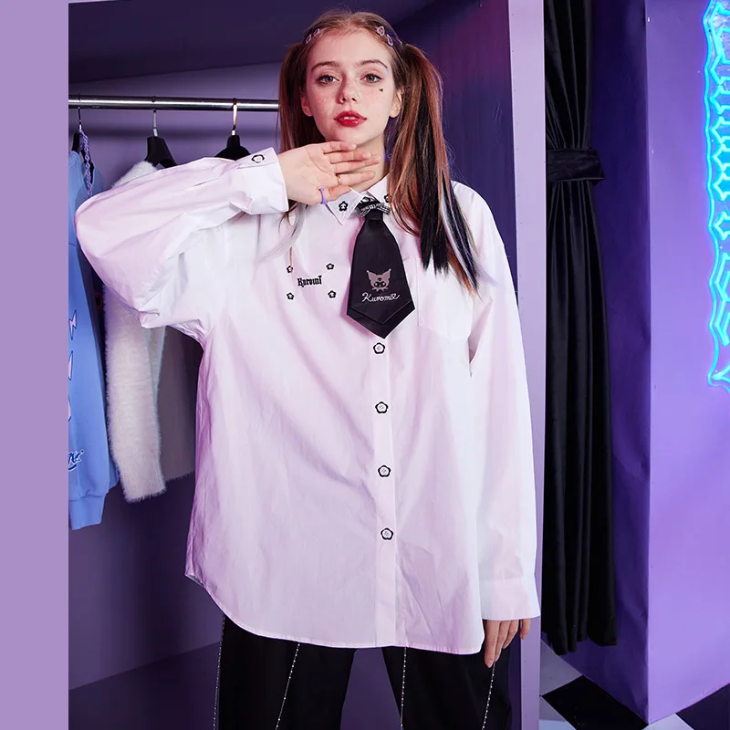 

Kawaii Sanrios Co-Branded Kuromi Women Shirt Women Spring and Autumn Fashion Long Sleeve Bow Knot Shirt