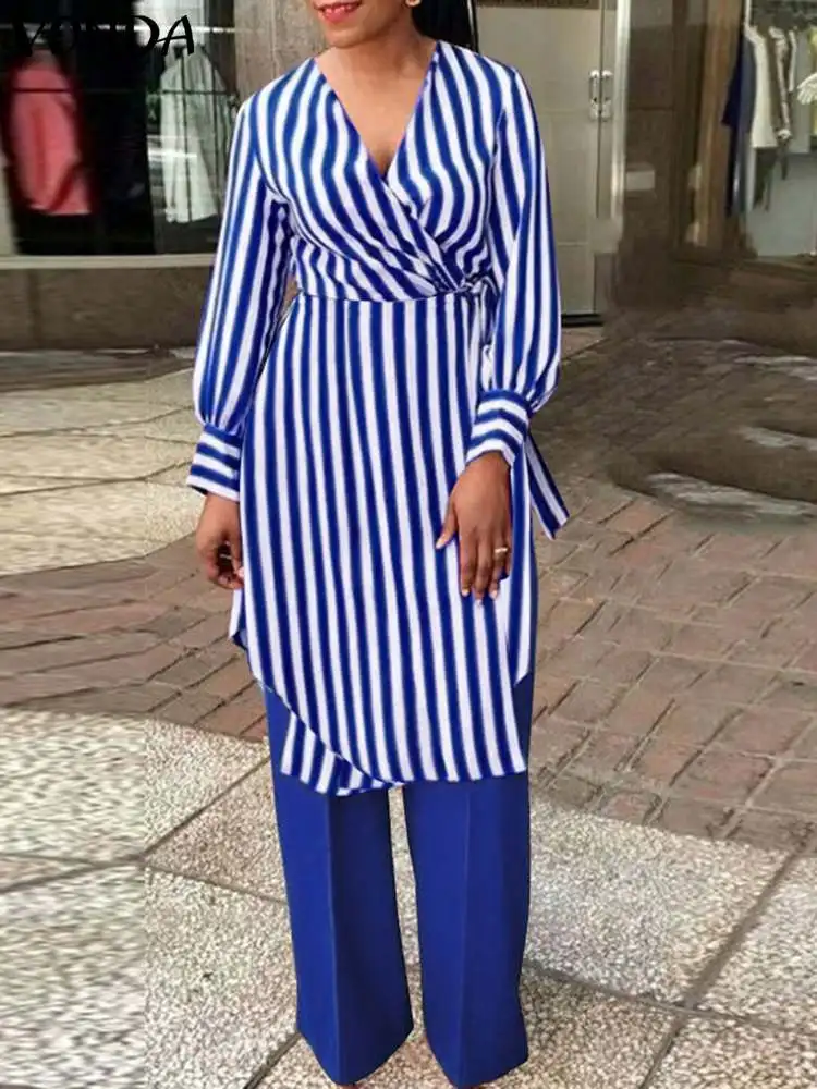 

Fashion VONDA Autumn Women Pant Sets Vintage Striped Long Tops Wide Leg Pants 2023 V Neck Long Sleeve Bandage Shirts Pants Suits
