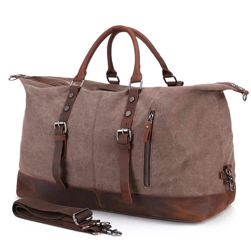 Canvas Travel Bags High-end Quality Men Travel Handbag Large Capacity Vintage Style Crazy Horse Leather Travel Duffel Bag