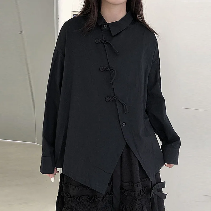 Autumn New Personalized Design Split Long Sleeve Shirt Japanese Fashion Dark Wind Button Up Western Style Blouse