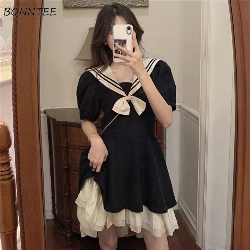 

Dresses Women Patchwork Simple Sailor Collar Design Fashion Korean Style Colleges Sweet Retro Sundress High Waist Summer Casual