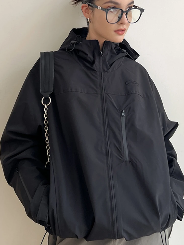 Винтажная ветровка Y2K Женская куртка-бомбер уличная одежда с капюшоном верхняя