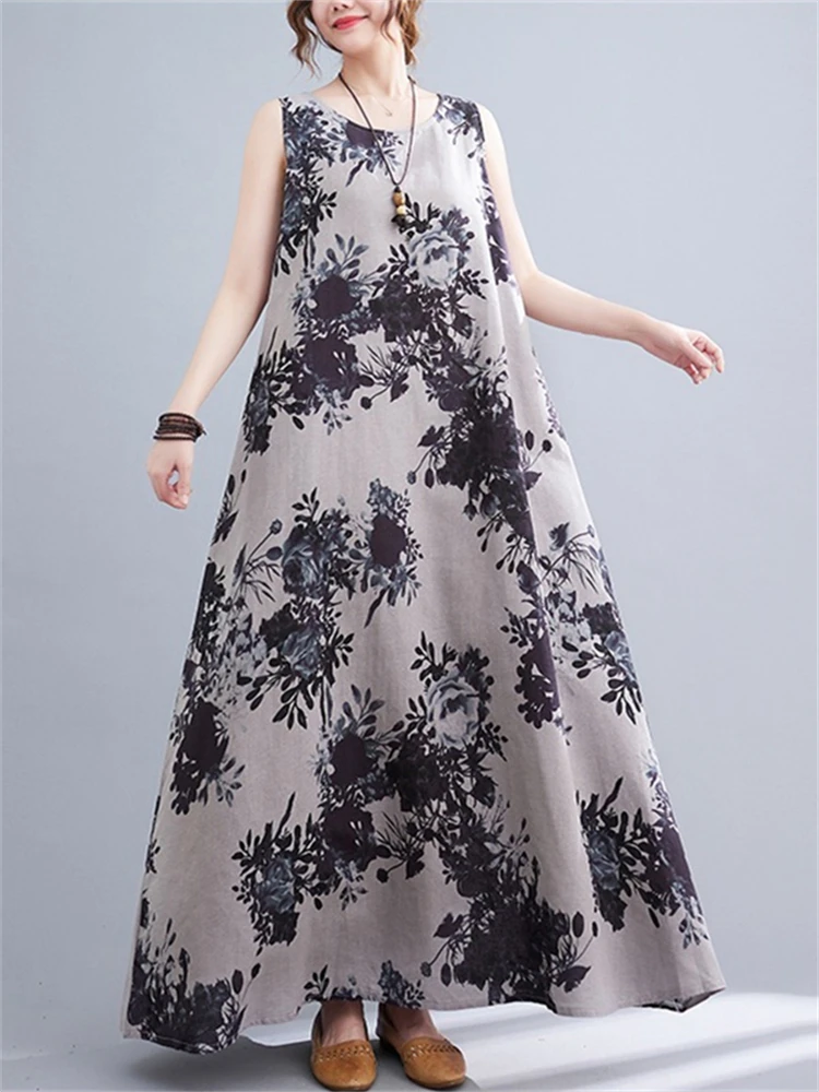 

Женское длинное платье из хлопка и льна, повседневное свободное платье макси без рукавов с винтажным принтом, элегантная одежда, лето 2022