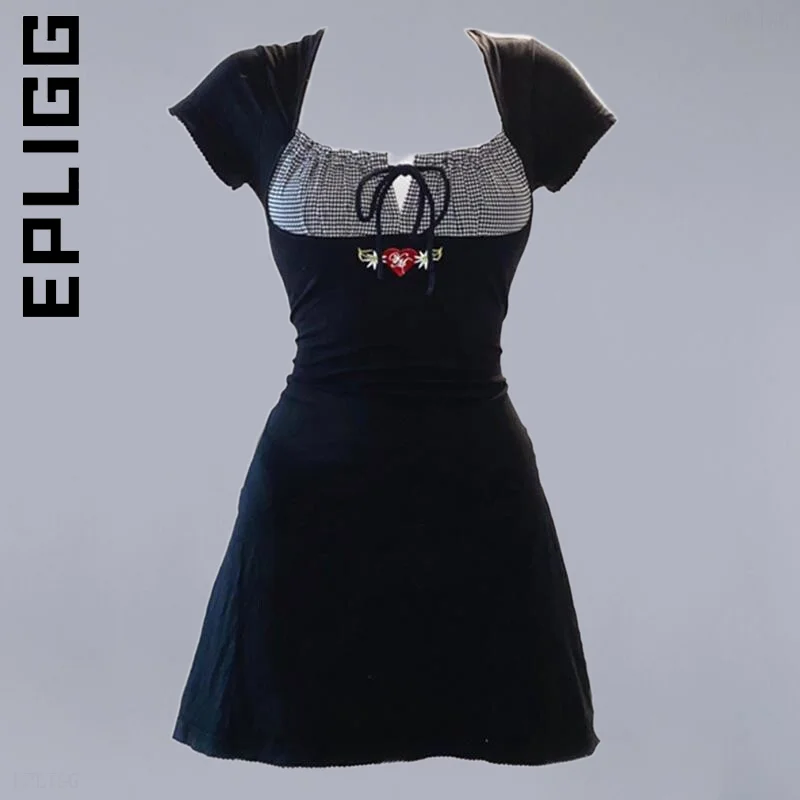 

Epligg Women New Dress Elegant Patchwork Square Collar Short Sleeve Black Dress Elastic Female Clothing Vestidos