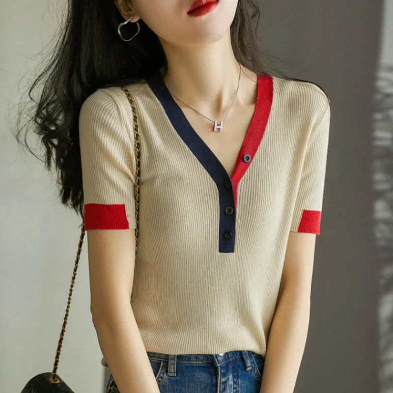 

#3759 Khaki Blue Spliced Color Knitted T Shirt Women V-neck Buttons Sexy Slim Vintage Korean Style Mercerized Cotton T-shirt