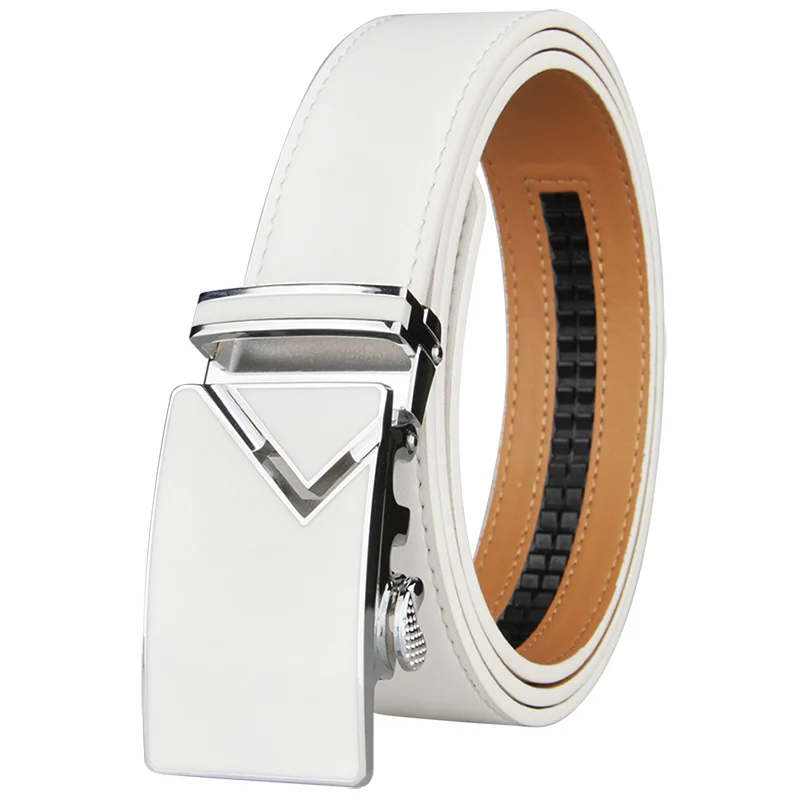 New Fasionable Wite Men Belts Automatic Alloy Buckle Male Belt enuine Cowskin Leater olf Belt Plus Size 130cm