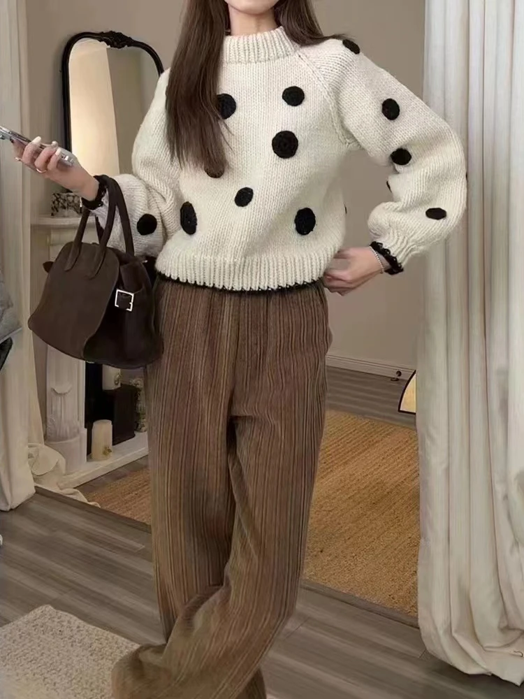 Gentle Wind Soft Glutinous Polka Dot Lantern Sleeve Sweater Women Autumn and Winter Unique Age-Reducing Thickened Knit Loose ...