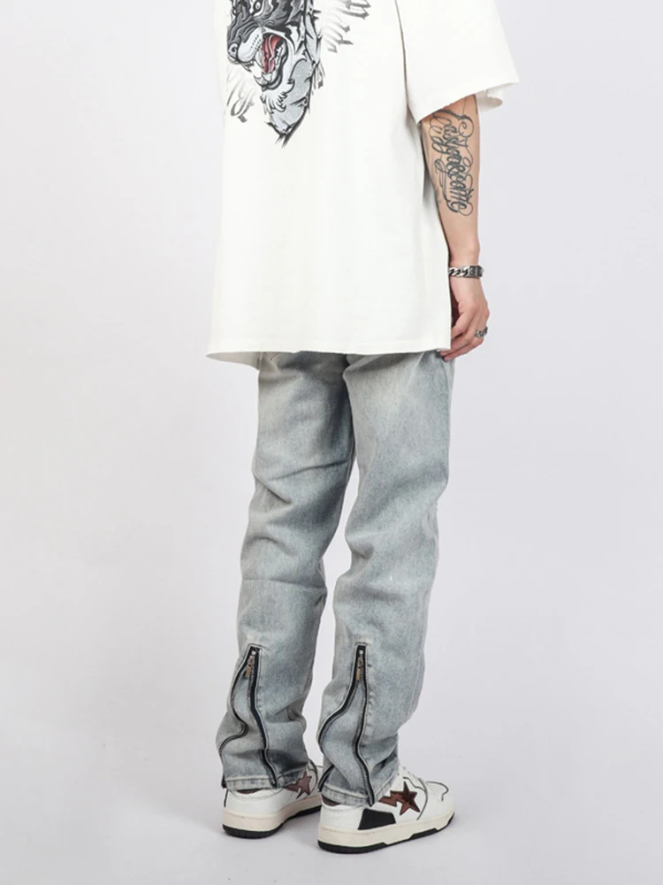 Baggy Men's Jeans with Zipper Design and Ripped Details, Y2K Casual Loose Denim Pants, High Street Fashion Ins Style JEANS