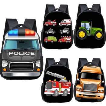Cartoon Police Car Fire Engine Excavator Print Backpack Children Truck Kindergarten Bags Toddler Diaper Book Bag Schoolbags
