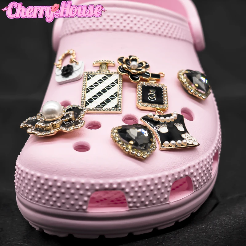 

8pcs Black Flower Croc Charms Bling Perfume Shoe Charms Metal Bags fit Women Croc Gems Pins Clog Jeans Girls Gift