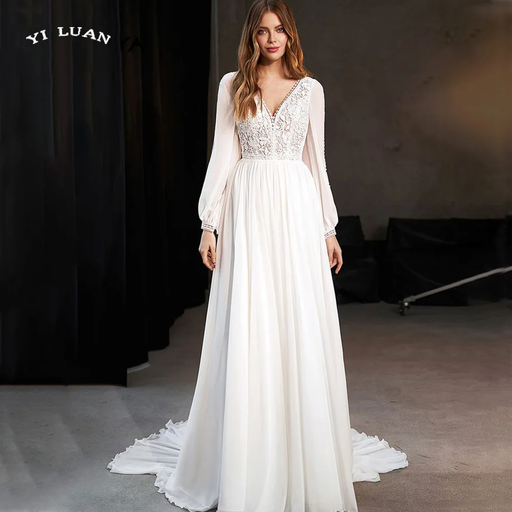 

Boho A Line Wedding Dress V Neck Lace Appliques Beadind Sleeve Chiffon Bride Gown Illusion Back Civil Vestidos De Novia