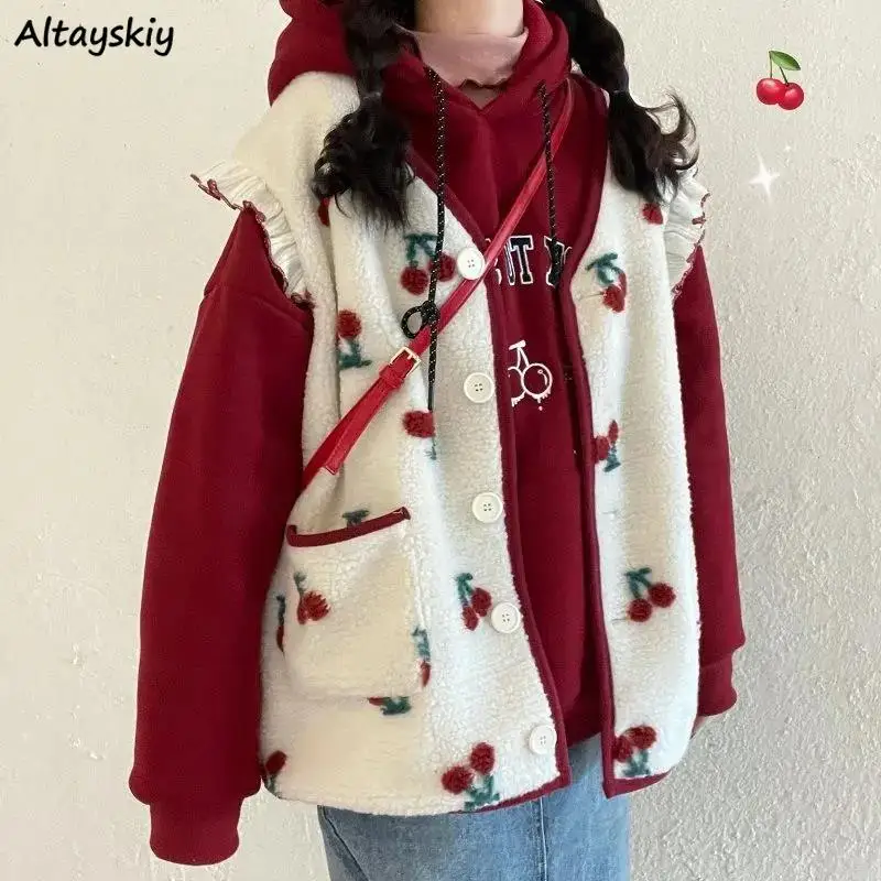 

Sets Women Lamb Fleece Cherry-print Red Cute Hoodies Vests Outfits Pockets V-neck Sweet Ruffles Streetwear Loose Autumn Thermal