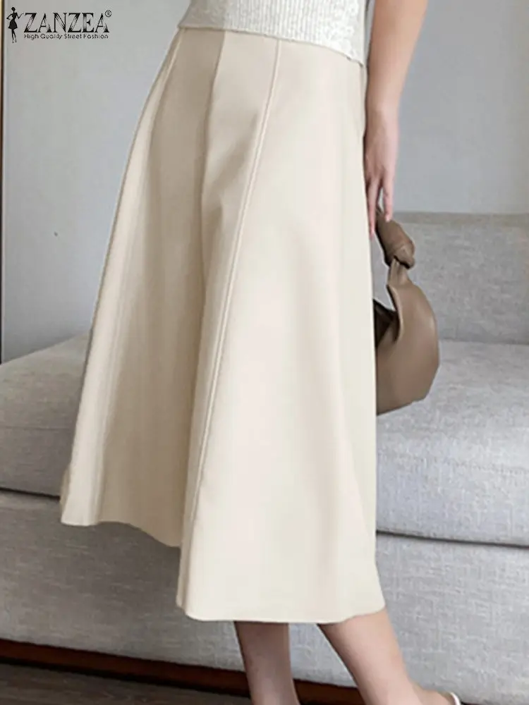 

ZANZEA Office Lady Stitching Solid Skirt Women A Line Long Skirts Fashion PU Leather Midi Jupes 2023 Autumn High Waisted Faldas