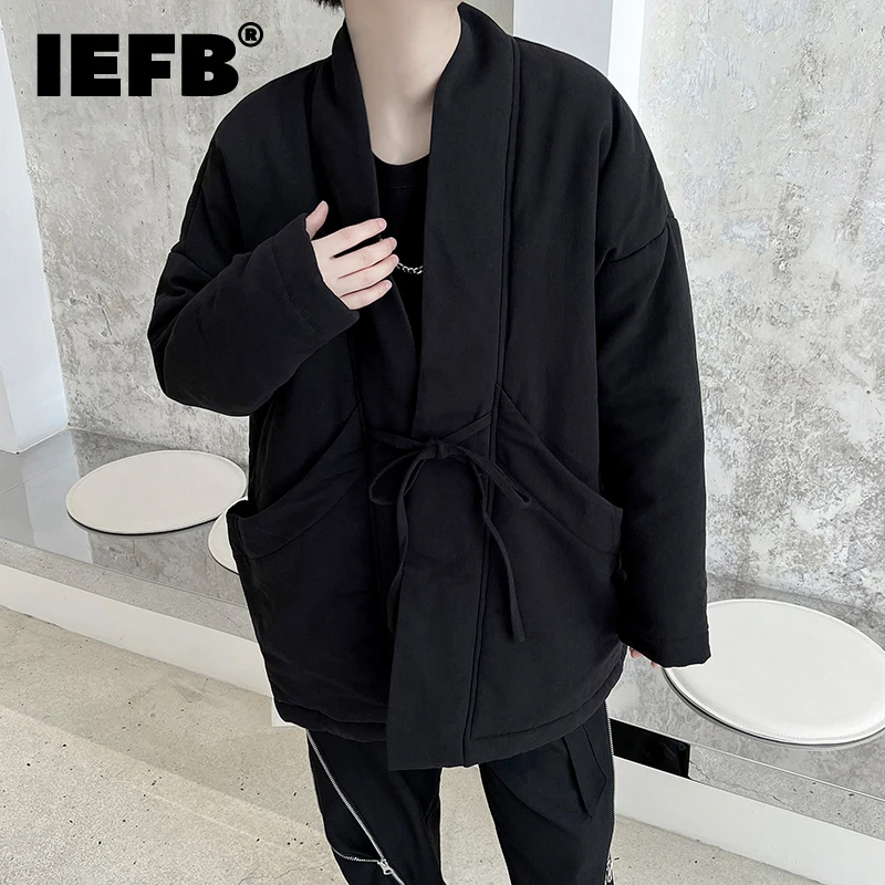 

IEFB Men Cotton Coat Thickened Collarless Large Pocket Cotton Jacket 2022 Darkwear Solid Color Lace Up Male Tops Fashion 9A5840