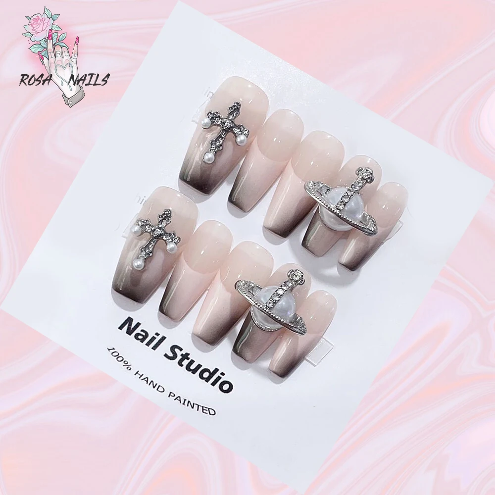 

ROSA NAIL Nude French Press on Nails Handmade Cross Pearls Saturn Charm Hand Painted False Tip Crosses Rhinestone Pink Fake Tips