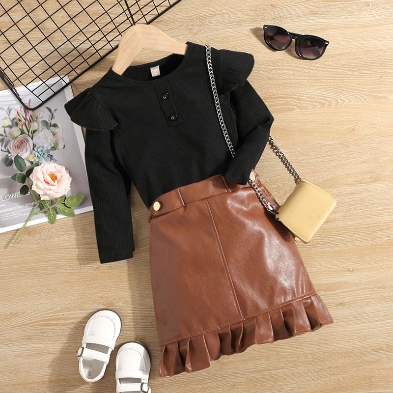 

Осенняя однотонная трикотажная кофта из искусственной кожи с круглым вырезом и длинным рукавом и юбка с оборками для маленьких девочек от 18...