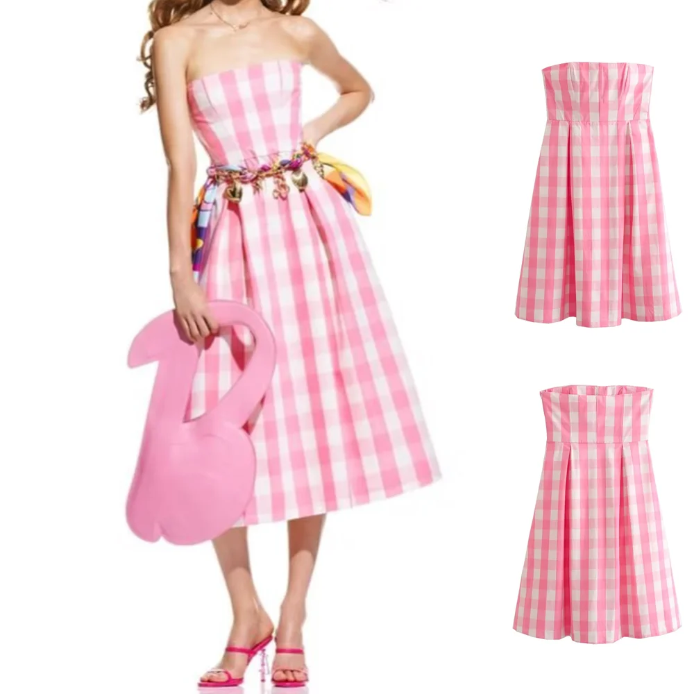

UNIZERA 2023 Summer New Women's Wear European and American Style One Line Neck Bra Long Dress Warner Brothers Movie Barbie Waist