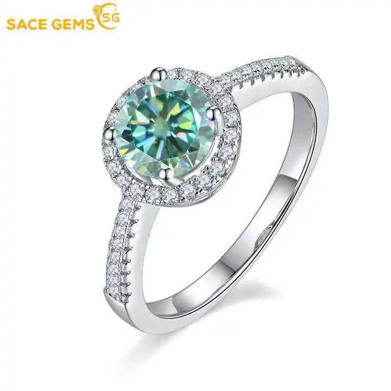 SACE GEMS 1 Carat Green Moissanite Ring with Certificate 925 Sterling Silver Rings for Women Wedding Party Fine Jewelry Gift