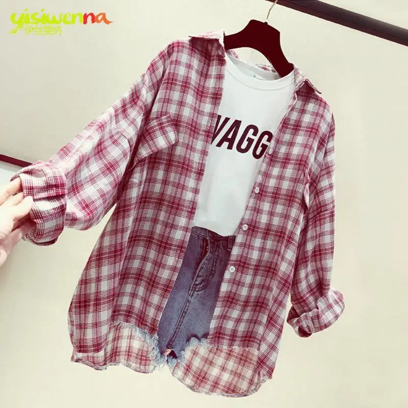 Блузка женская клетчатая рубашка с длинным рукавом мешковатая куртка блузы