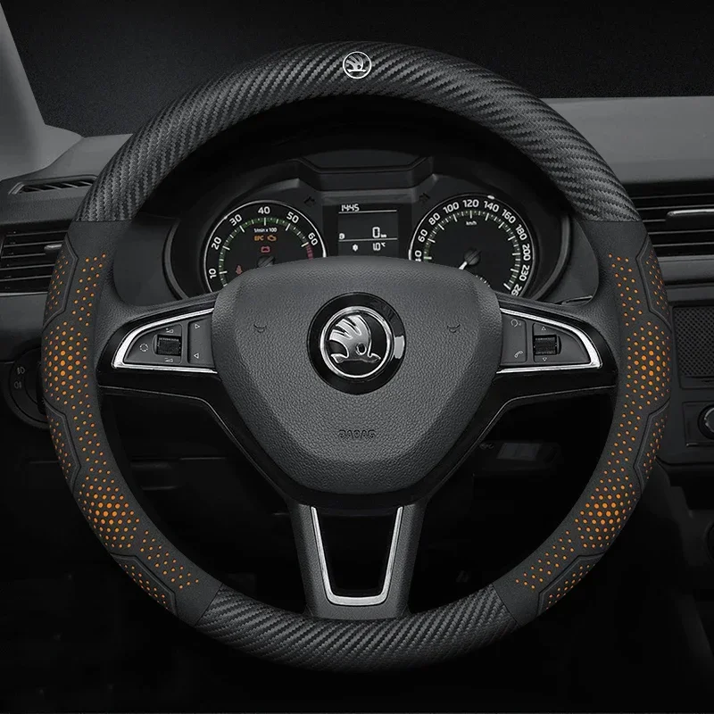 Фото Автомобильный кожаный чехол на руль из углеродного волокна для Skoda VRS Kodiaq Karoq Kamiq Octavia 1 a5 Scala Superb Yeti Fabia ENYAQ Citigo №4