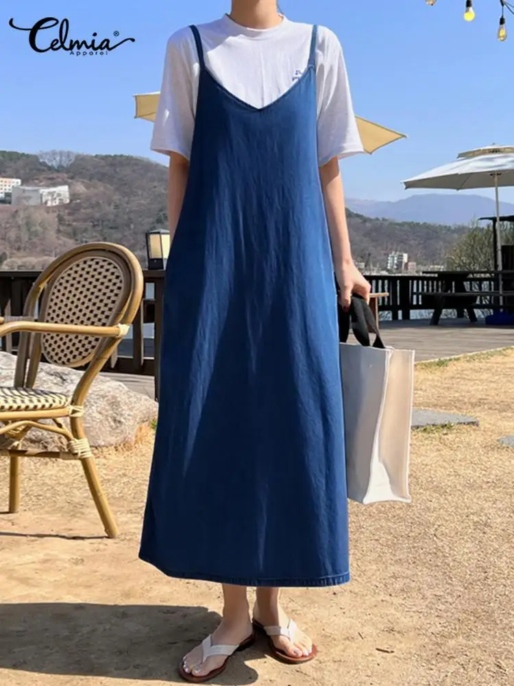 

Celmia 2022 летнее женское платье-миди оверсайз с подтяжками, однотонный длинный халат с карманами, повседневный свободный праздничный сарафан ...