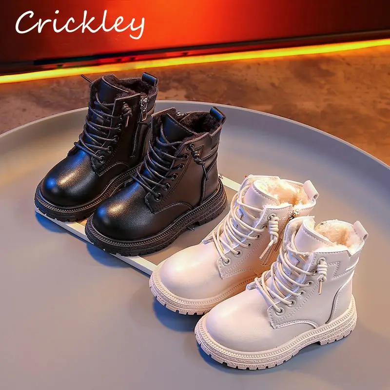 

2022 Plush Children Fashion Boots Autumn Winter Warm Thick Boys Girls Ankle Shoes PU Solid Zipper Non Slip Kids British Booties