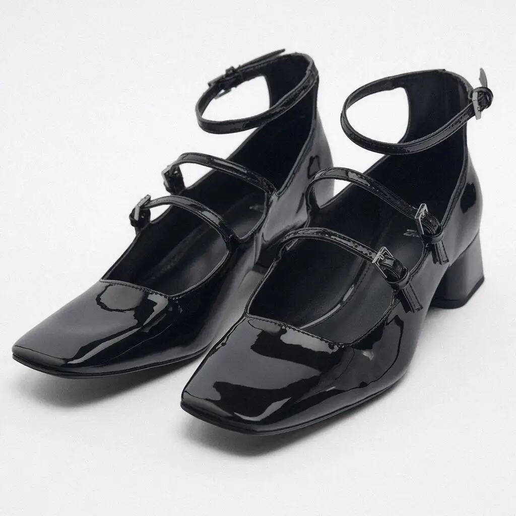 2023 Spring Women Mary Jane Shoes Chic Patent Leather Chunky Heels Shoes Woman Luxury Designer Double Buckles Pumps