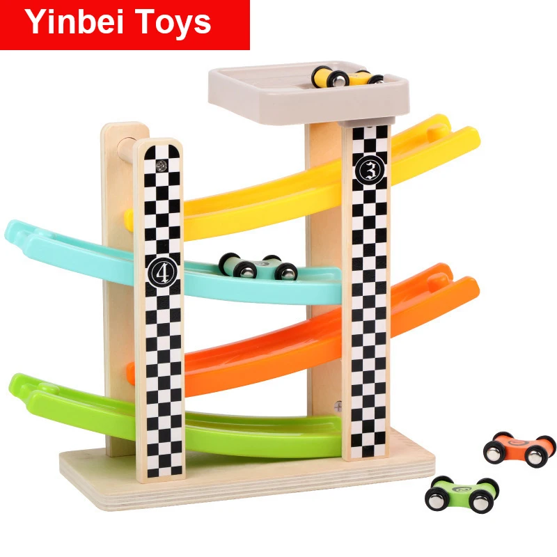 

Montessori Toys Toddler Toys for 1 2 Year Old Boy and Girl Gifts Wooden Race Track Car Ramp Racer with 4 Mini Cars