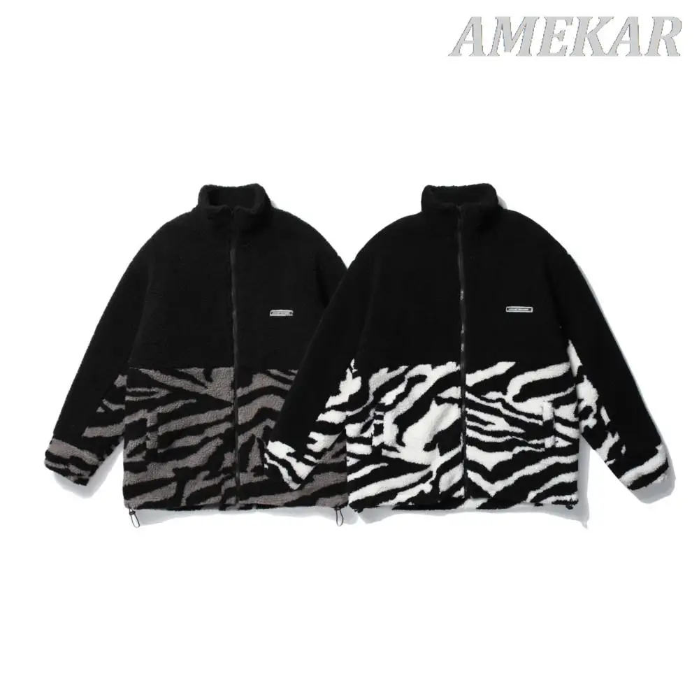 2023 Print Casual Lamb Wool Parka Winter Clothing Korea Style Streetwear Coat Hip Hop Zipper Fashion Soft Jackets For Men Women