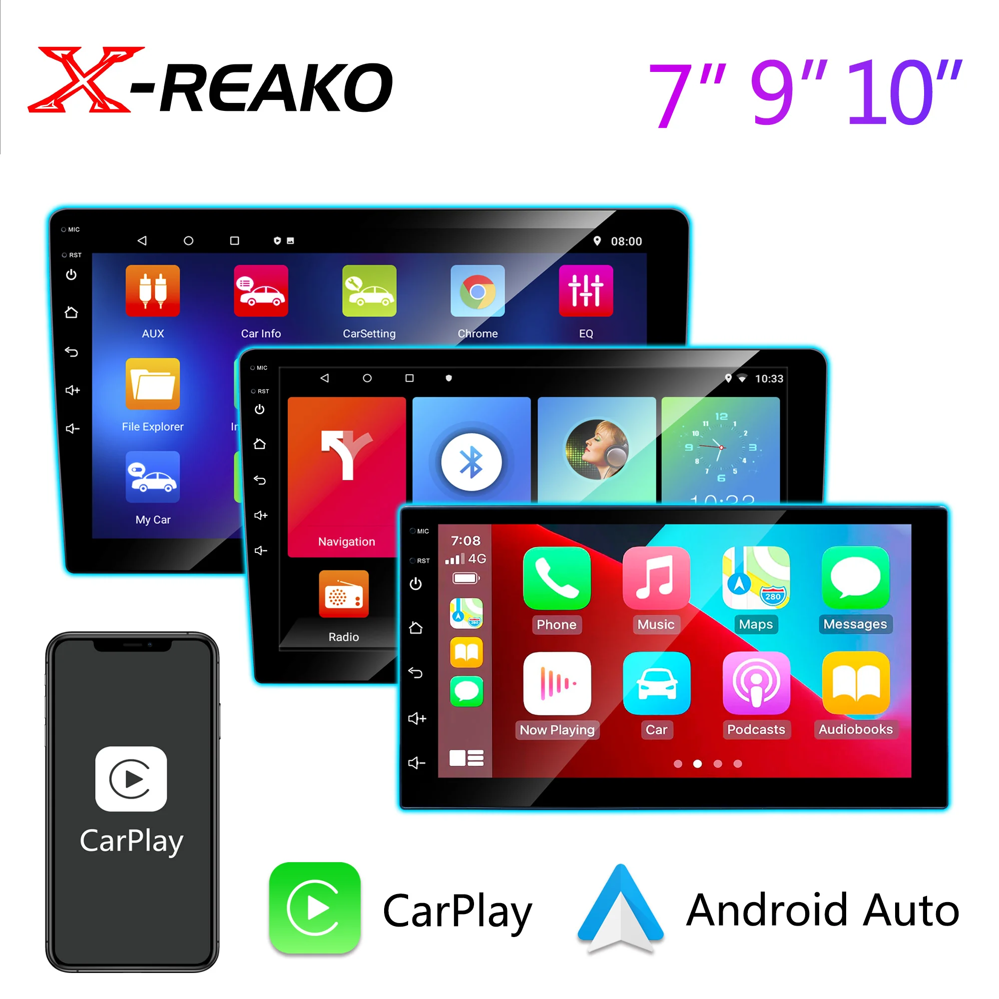 

X-REAKO 2 Din 7/9/10 Andriod 11 Car Multimedia Player Carplay GPS Navigation BT Car Audio Wifi USB MirrorLink HD Car Audio Radio