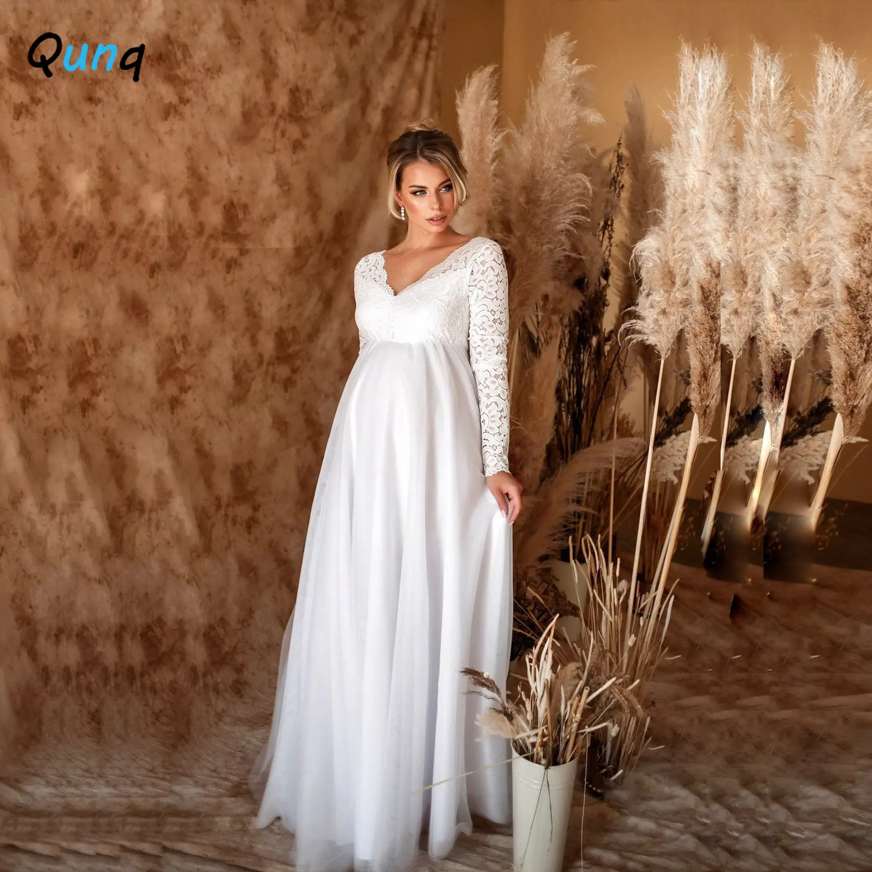 

Qunq SpringAutumn Pregnancy Clothes Women Solid V Neck Long Sleeve Lace Splicing Loose Long Dress Fashion Casual Maternity Gown