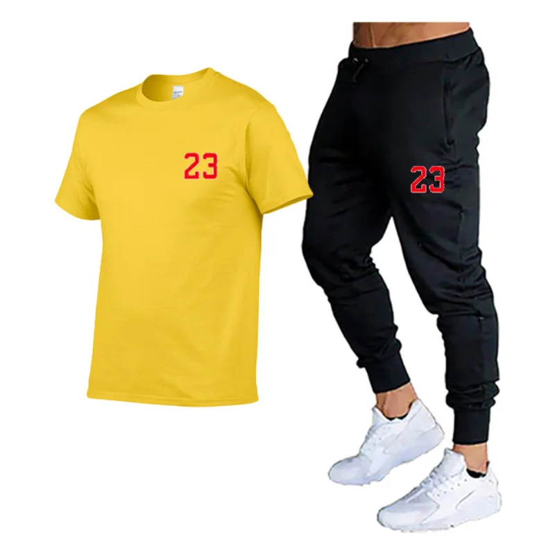 2023 Fashion All-match Men's Sports Suit Men's Casual Suit Spring And Summer Brand Short-sleeved Top + Trousers 2-piece Suit