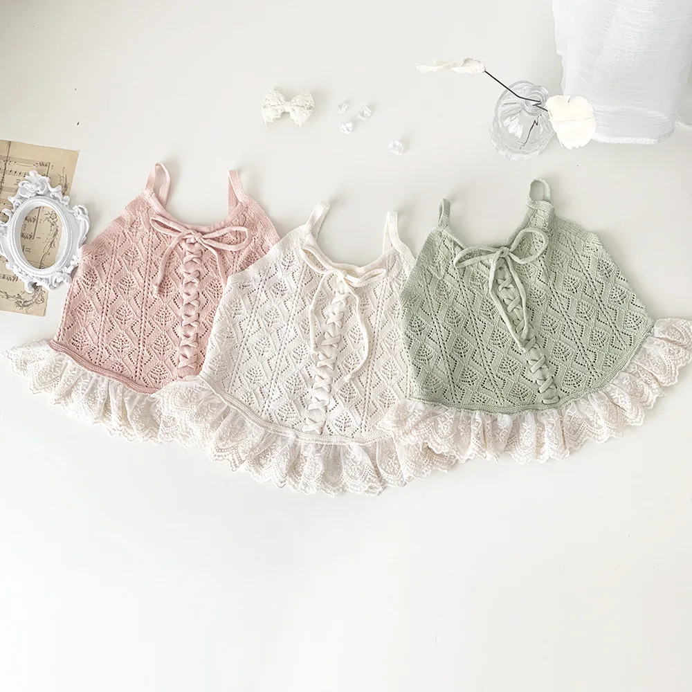 

Kids Sleeveless T-shirts Cotton Knitwear Baby Girls Strap Clothes Sweater Lace Hollow Out Top Children Vest Clothings