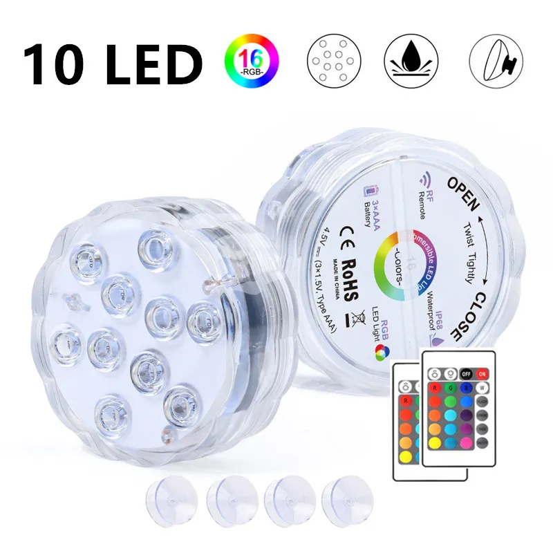 

10 Led Battery Operated Remote Controlled RGB Submersible Light Underwater Night Lamp Outdoor Vase Bowl Garden Party Decoration