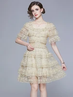 summer luxury pink lace embroidery dresses female runway elegant short sleeve high waist patchwork cascading ruffles dress